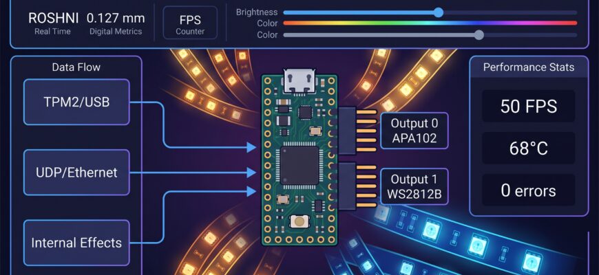 Roshni LED controller dashboard showing dual output configuration and performance metrics