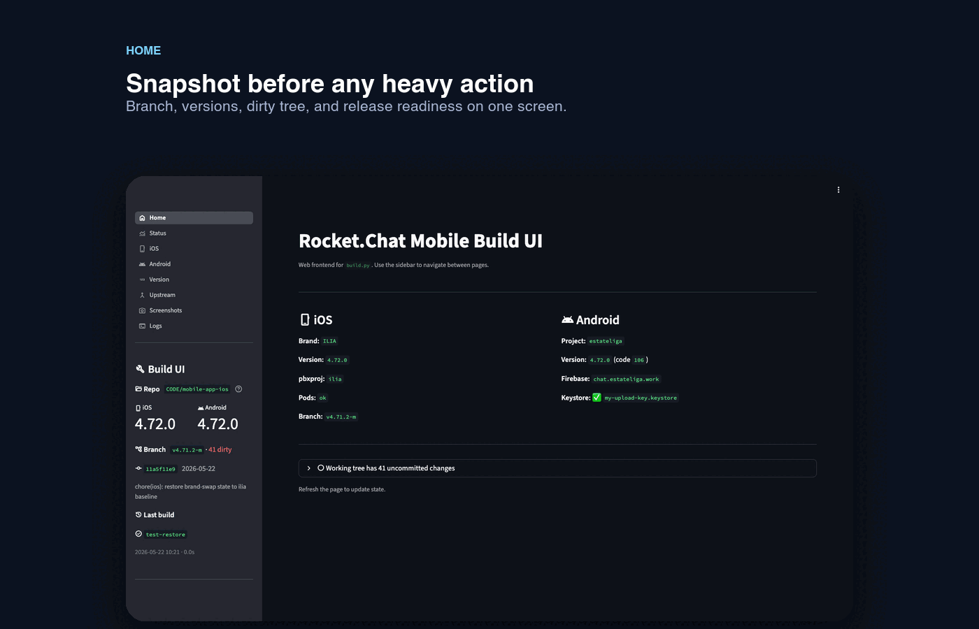 Build UI animated demo showing page navigation, brand switching, and live build output streaming