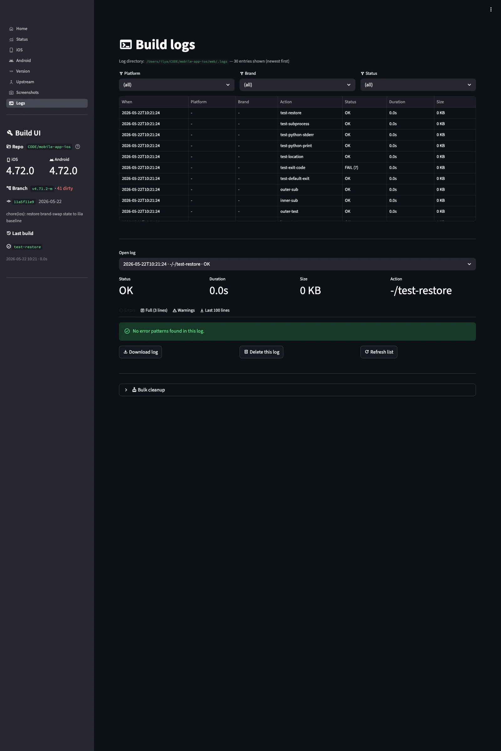 Build UI Logs page showing tabbed audit trail with error, warning, and full output log views