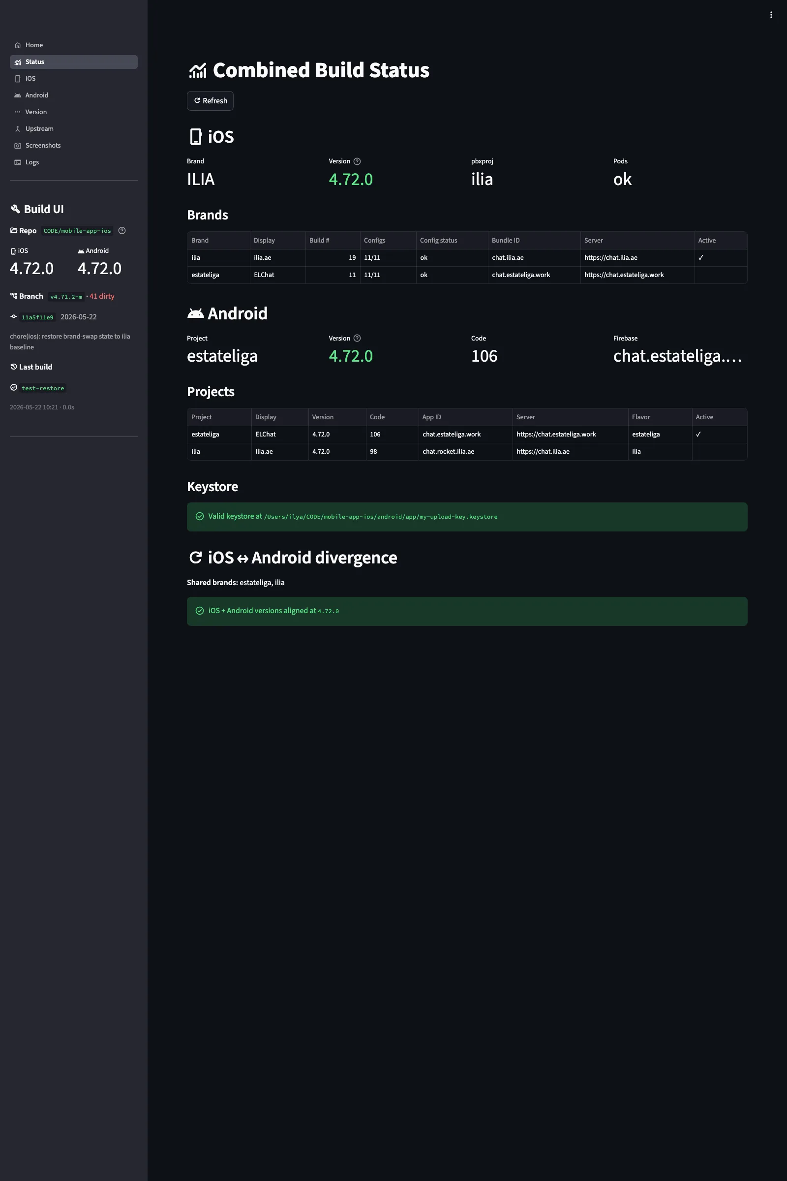 Build UI Status page showing cross-platform health dashboard with brand comparison tables and keystore verification