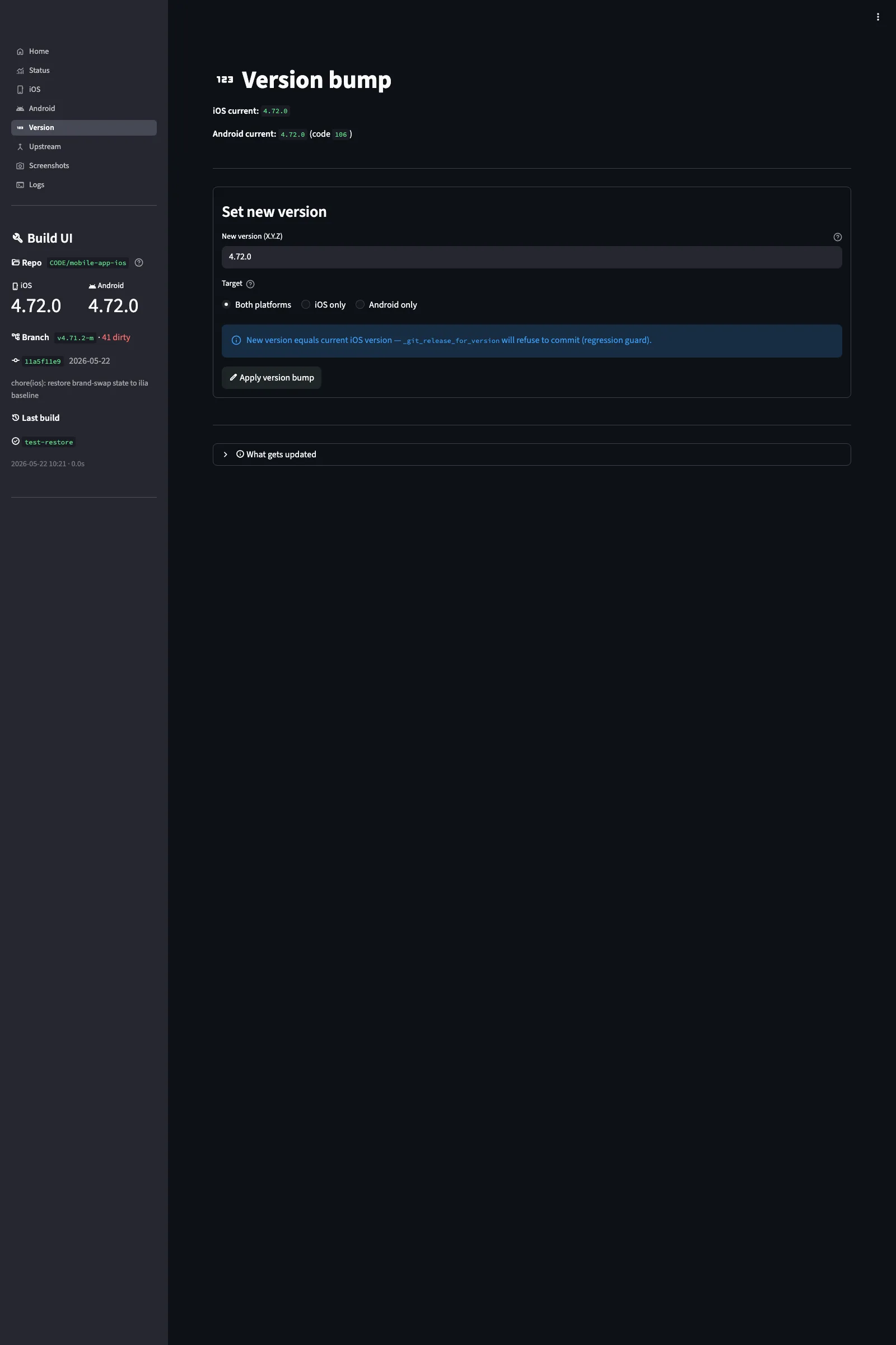 Build UI Version page showing coordinated semver bump controls with drift warnings across package.json, Info.plist, and build.gradle