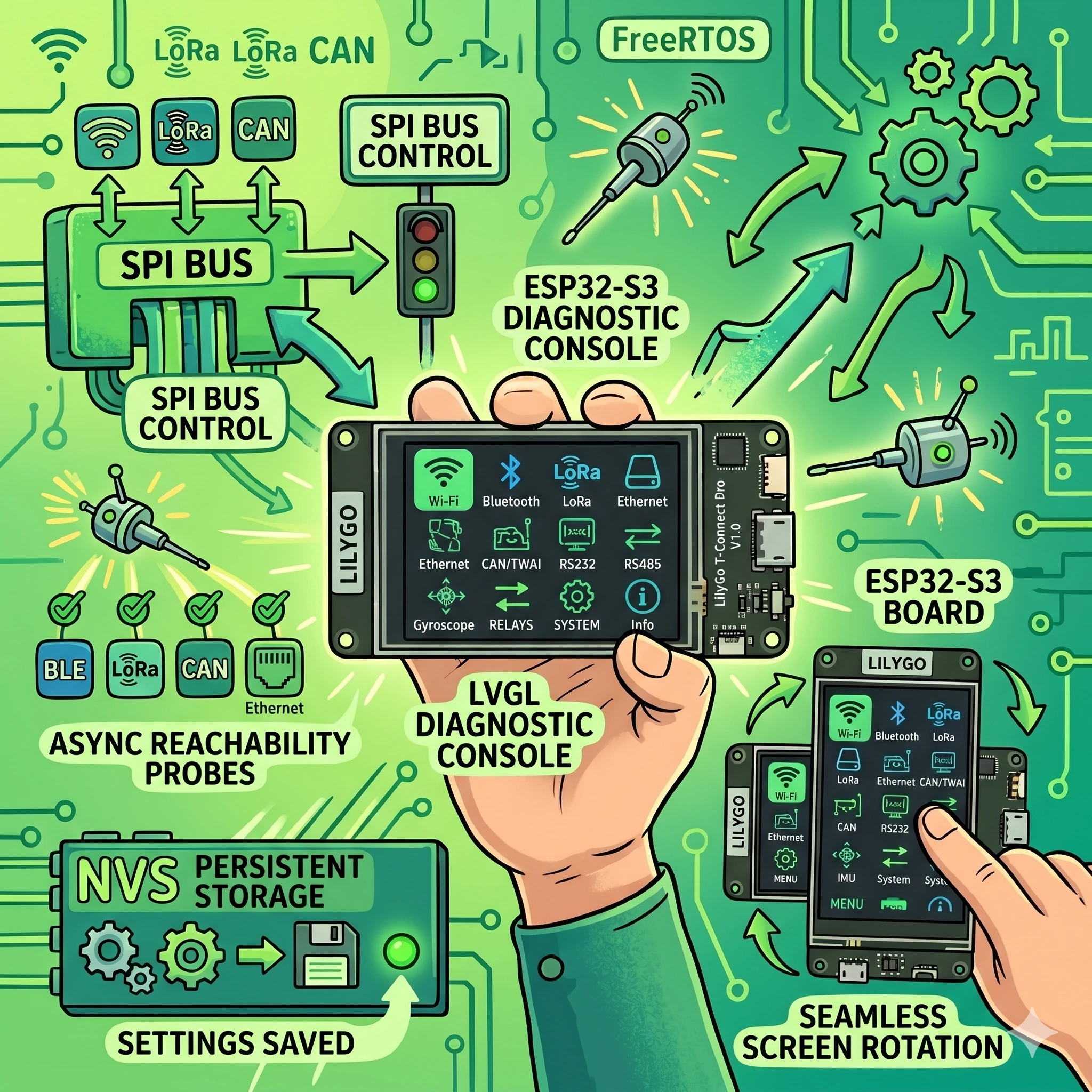 LilyGo T-Connect Pro: продакшн-прошивка ESP32-S3 с LVGL-консолью на тачскрине