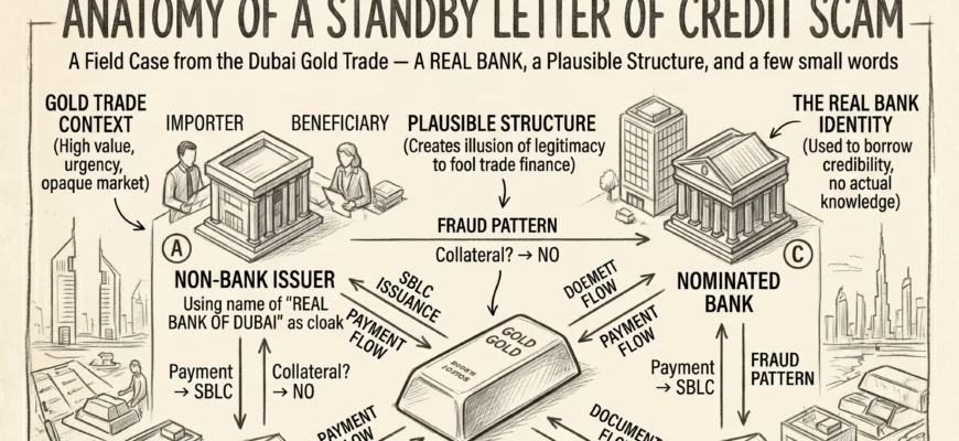 Anatomy of a Standby Letter of Credit (SBLC) Scam — Dubai Gold Trade fraud pattern diagram