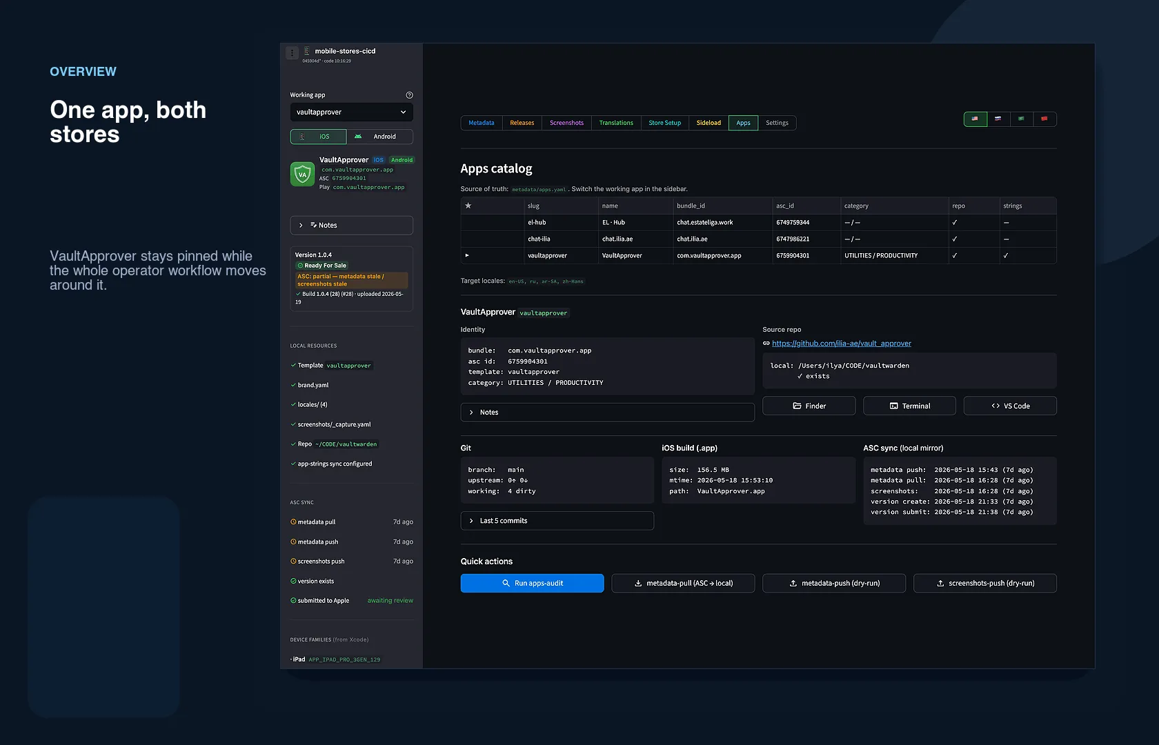 Анимированная демонстрация Streamlit-дашборда mobile-stores-cicd с управлением приложением VaultApprover: обзор приложений, редактирование метаданных, pipeline скриншотов, переводы, релизы, настройка стора, sideload и настройки