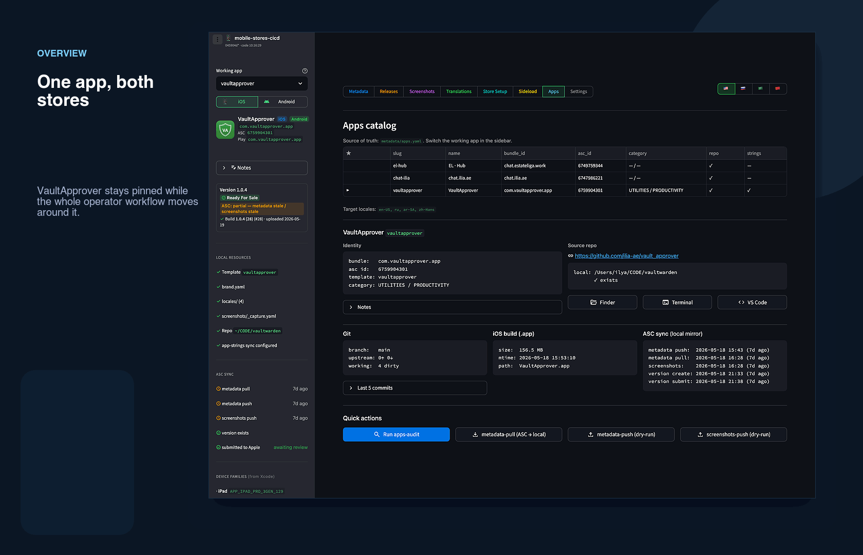 Animated demonstration of the mobile-stores-cicd Streamlit dashboard showing VaultApprover app management across apps overview, metadata editing, screenshots pipeline, translations, releases, store setup, sideload, and settings tabs
