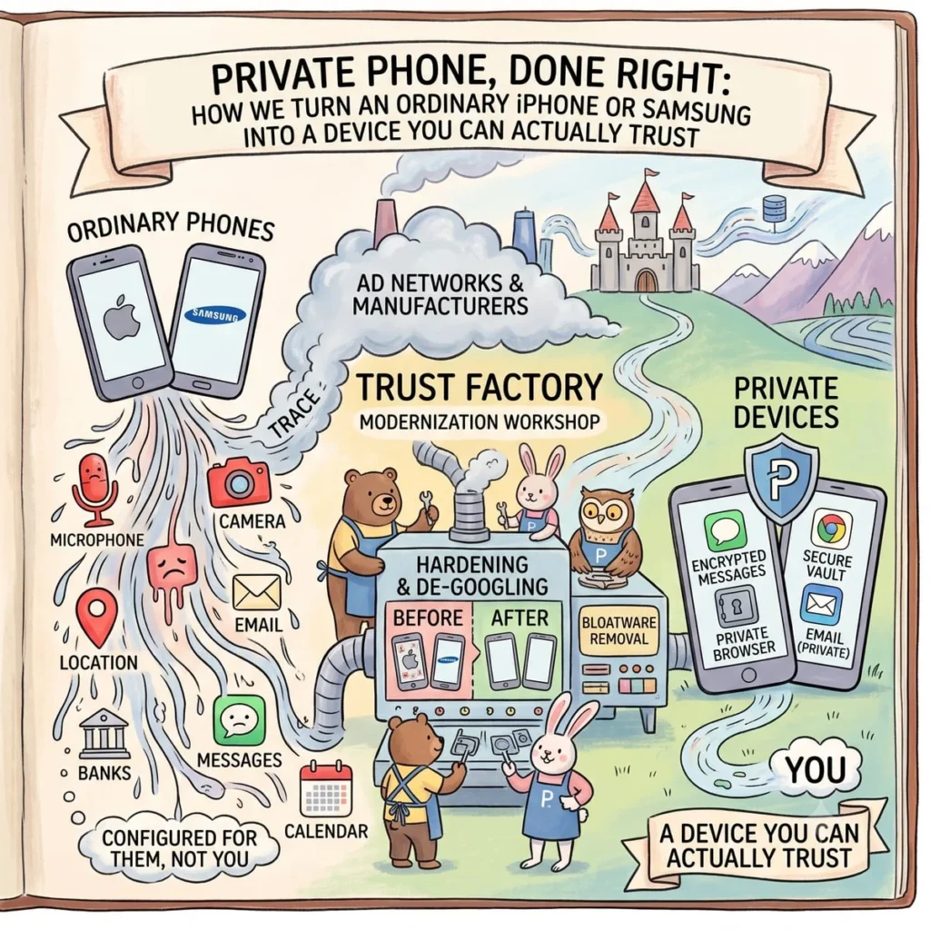 A private phone done right: turning an ordinary iPhone or Samsung into a device you can trust