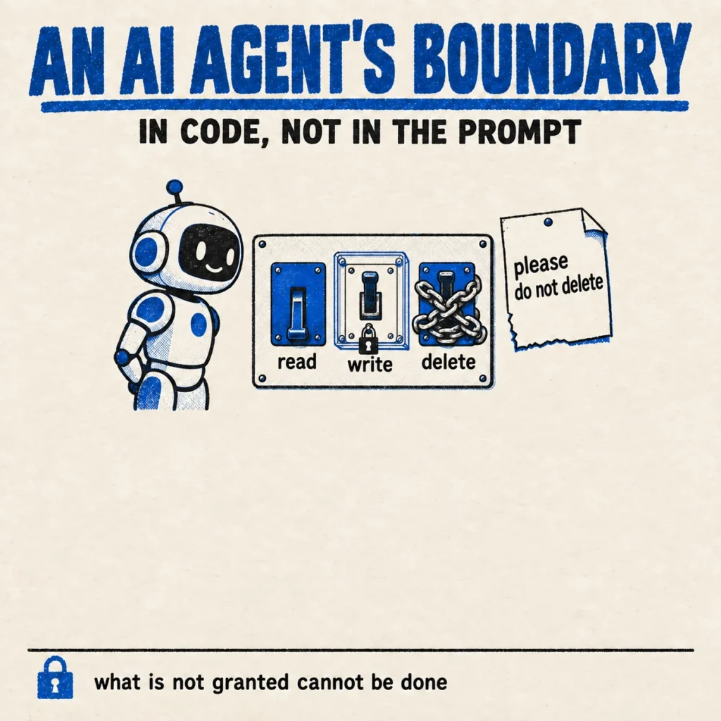An AI agent's boundary: a robot at a panel where only read is on, write is locked and delete is chained