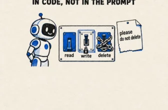 An AI agent's boundary: a robot at a panel where only read is on, write is locked and delete is chained