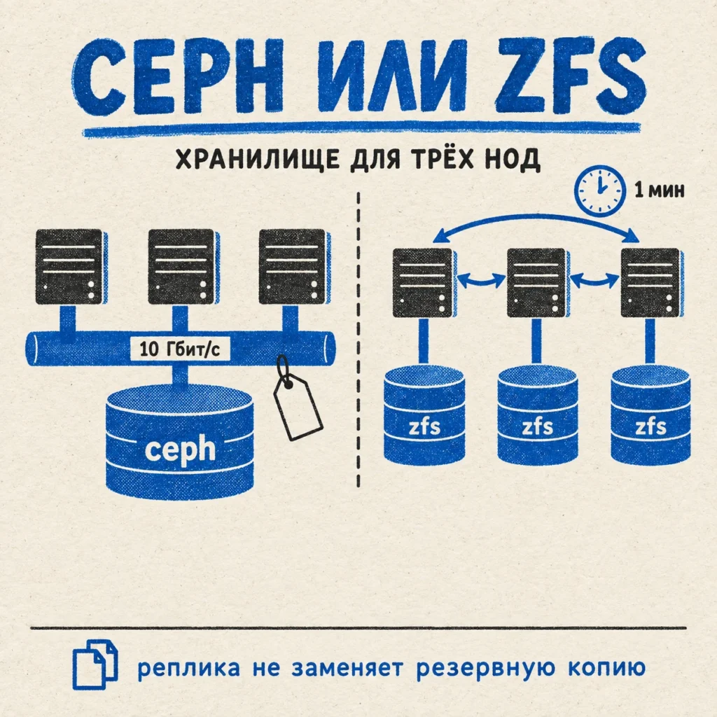 Ceph или ZFS: слева три сервера на общем хранилище через сеть 10 Гбит/с, справа у каждого свои диски и репликация раз в минуту