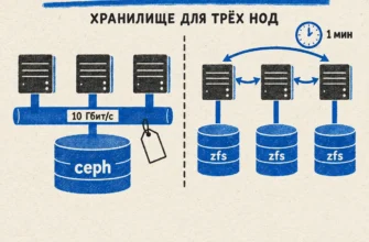 Ceph или ZFS: слева три сервера на общем хранилище через сеть 10 Гбит/с, справа у каждого свои диски и репликация раз в минуту