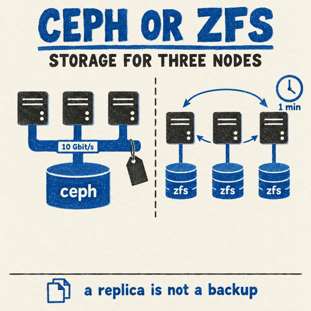 Ceph or ZFS: on the left three servers share one store over a 10 Gbit/s network, on the right each has its own disks and replicates every minute