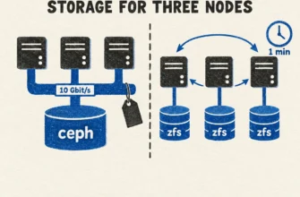 Ceph or ZFS: on the left three servers share one store over a 10 Gbit/s network, on the right each has its own disks and replicates every minute