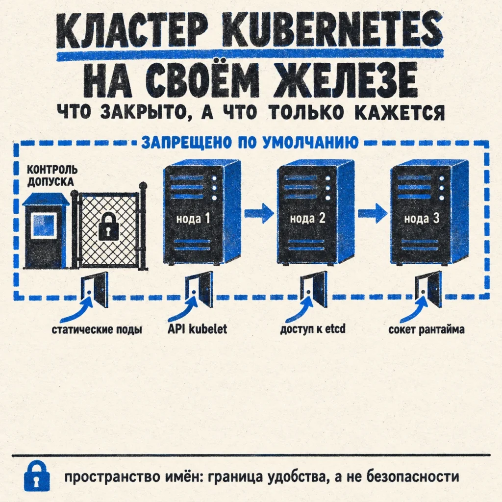 Кластер Kubernetes на своих серверах: три ноды за оградой «запрещено по умолчанию» и четыре двери мимо контроля допуска