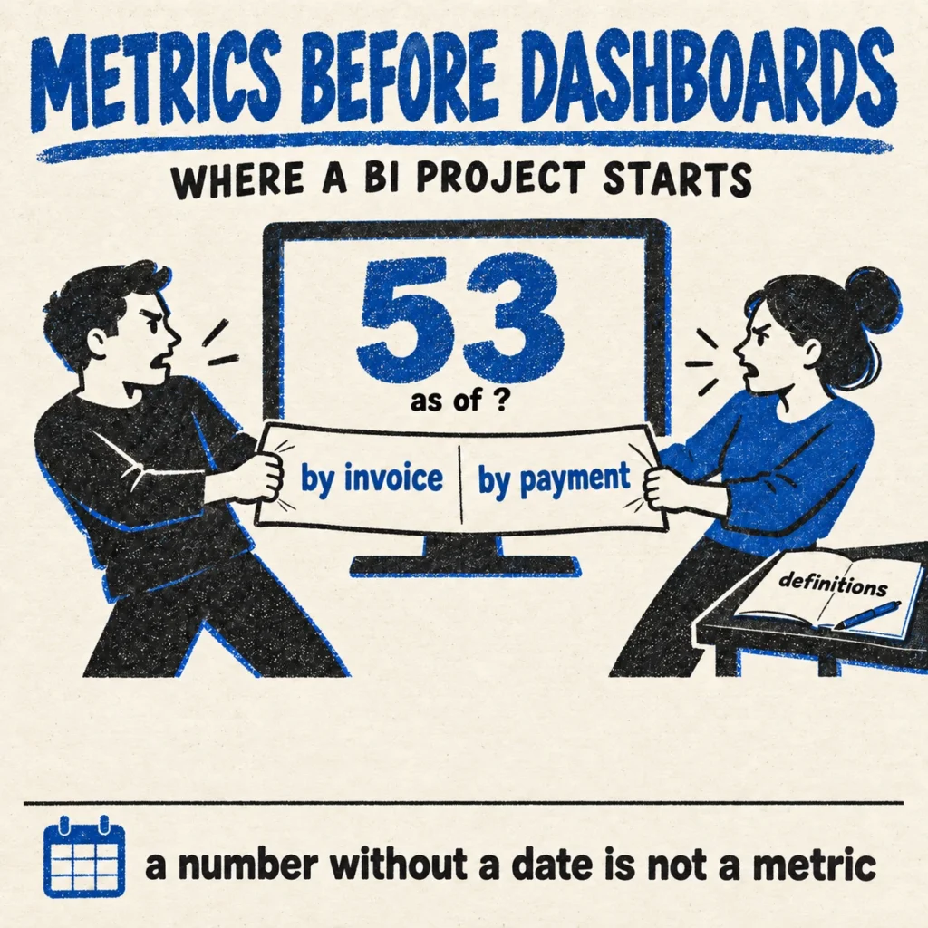 Metrics before dashboards: two people pull a sheet reading by invoice and by payment in front of a screen showing 53 with no date