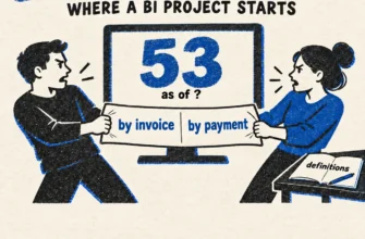 Metrics before dashboards: two people pull a sheet reading by invoice and by payment in front of a screen showing 53 with no date