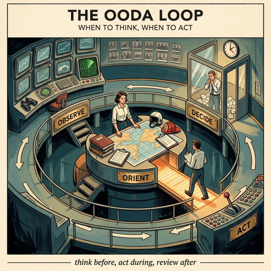 The OODA loop: a control room with observe, orient, decide and act stations and a bridge from orientation straight to action, bypassing the decision booth
