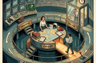 The OODA loop: a control room with observe, orient, decide and act stations and a bridge from orientation straight to action, bypassing the decision booth