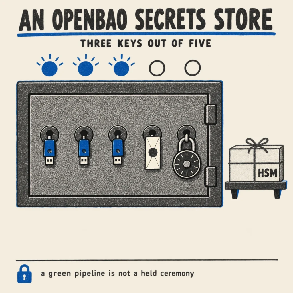 An OpenBao secrets store: a safe with five keyholes, three hardware keys, a sealed paper share and a padlock, an unopened HSM box on a shelf
