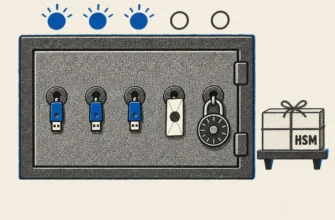An OpenBao secrets store: a safe with five keyholes, three hardware keys, a sealed paper share and a padlock, an unopened HSM box on a shelf