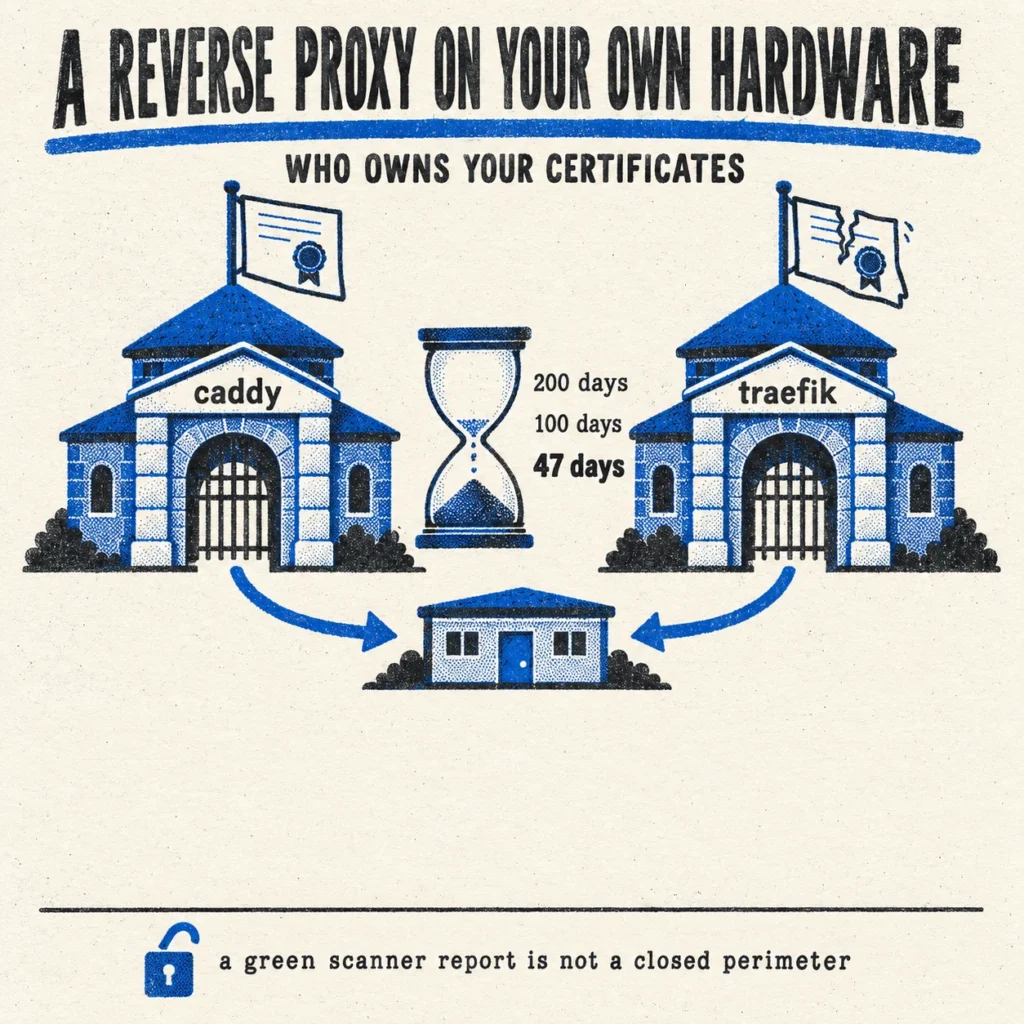 A reverse proxy on your own hardware: two gatehouses, caddy and traefik, and who owns the certificates