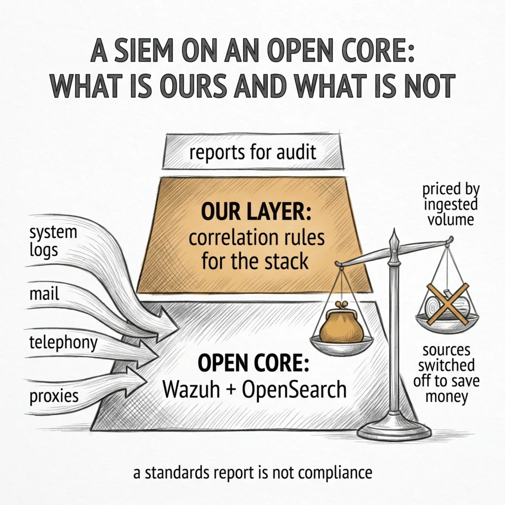 SIEM on an open core: Wazuh and OpenSearch plus a custom correlation layer