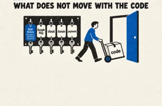 Vendor lock-in: a person wheels out a box labelled code while the keys to App Store, Google Play, cloud, domain and payments stay on the wall