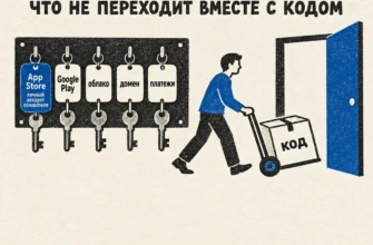 Зависимость от поставщика: человек увозит коробку «код», а ключи от App Store, Google Play, облака, домена и платежей остаются на стене