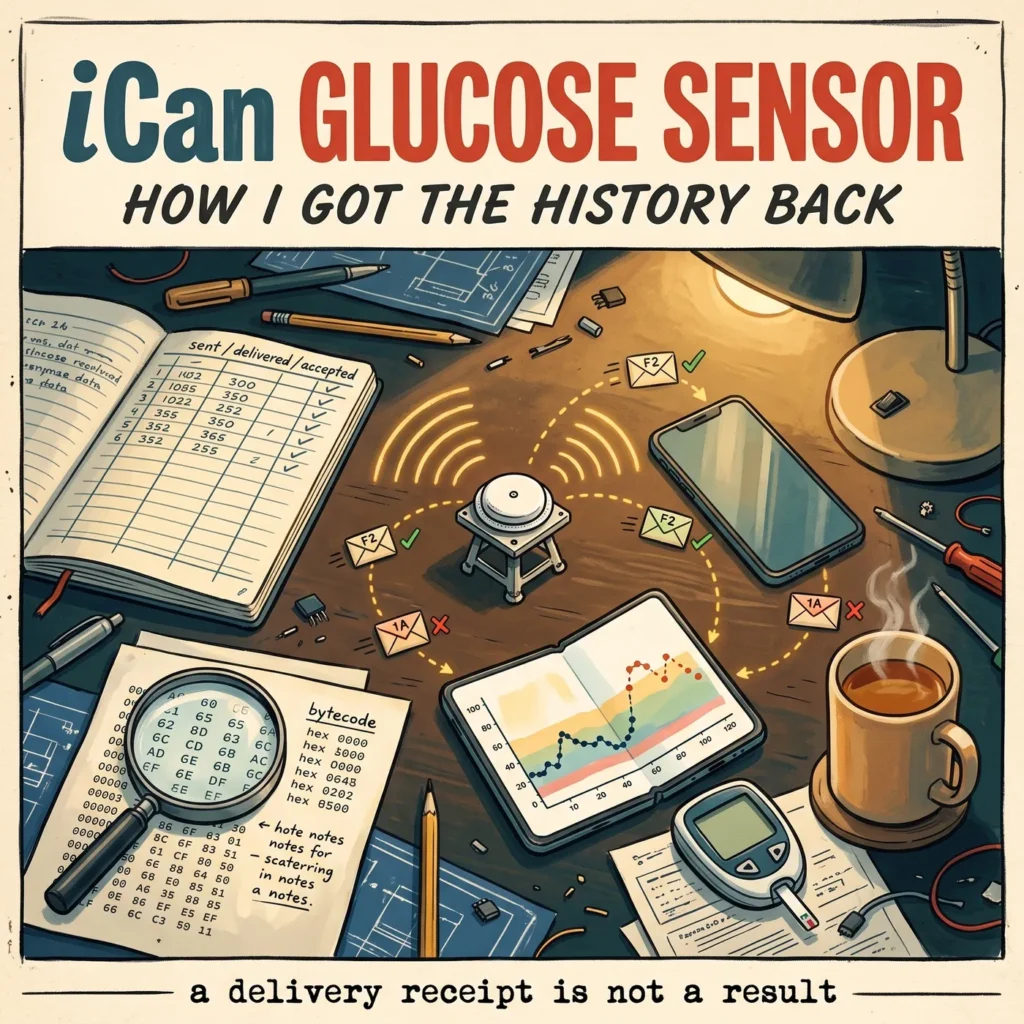 iCan glucose sensor: an engineer's desk, the sensor sending three accepted F2 packets to two phones, a refused 1A packet set aside